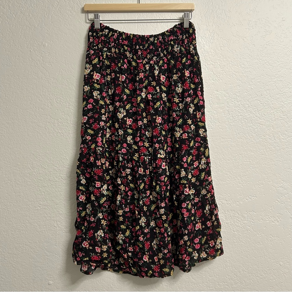 Adagio Black Floral Button Front Midi Skirt |Boho Skirt | Size Small | US 8 - Picture 5 of 5